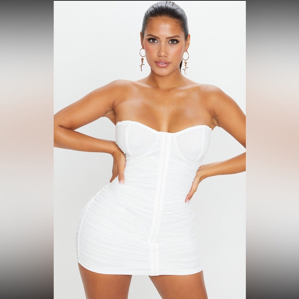 White strapless ruched mesh bodycon dress